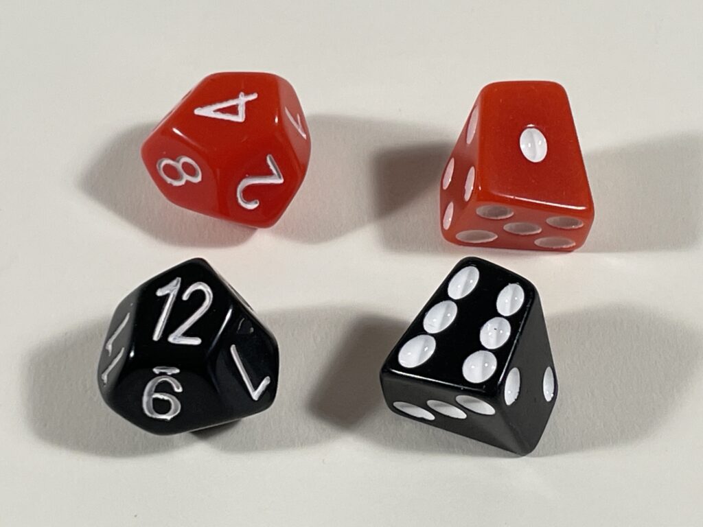 6 and 12 sided dice with distorted proportions