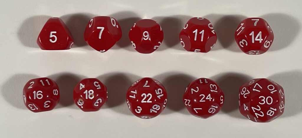 ten red dice with 5, 7, 9, 11, 14, 16, 18, 22, 24, and 30 sides